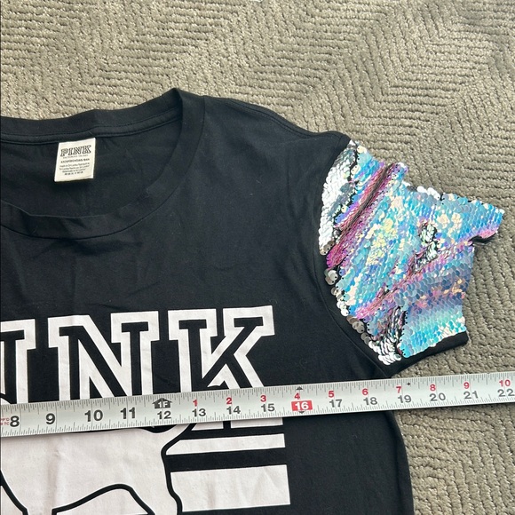 PINK Victoria's Secret Black Tee with Sequin Sleeves size XS - Picture 10 of 11